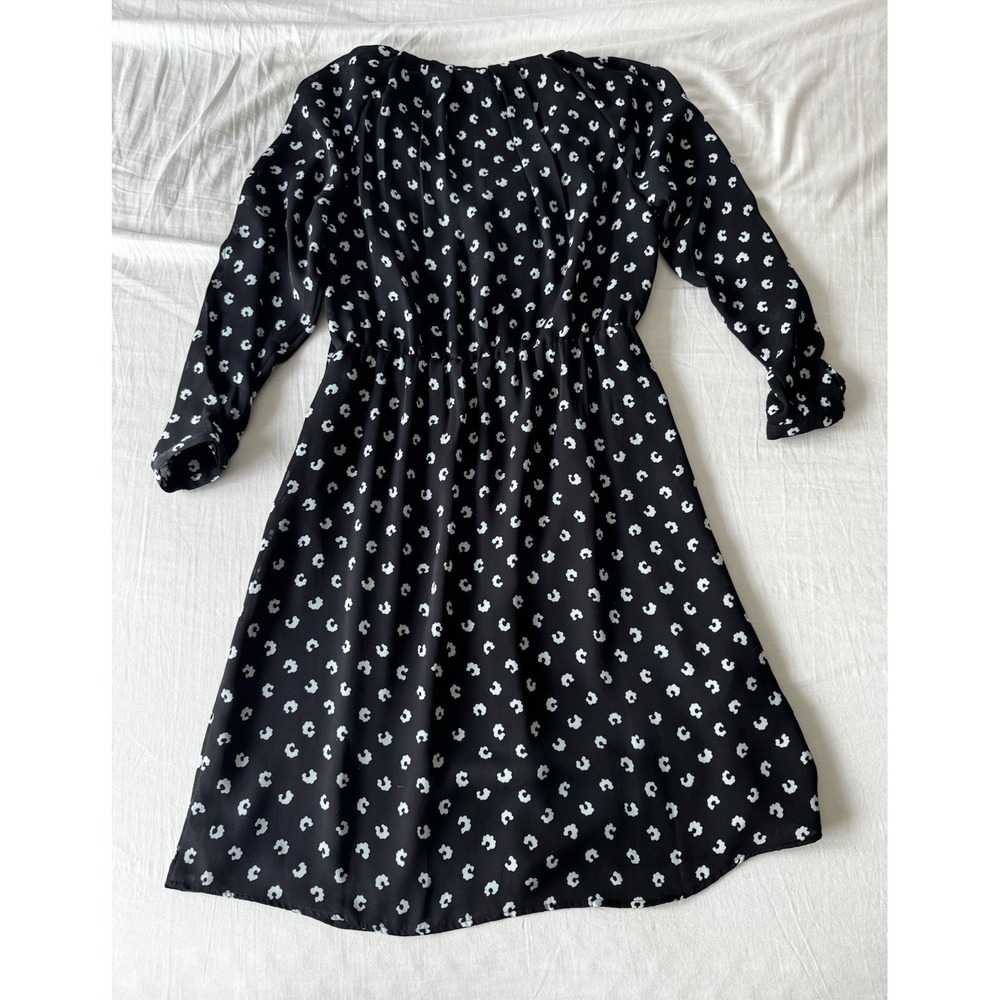 Loft Black Blue Printed Bow Tie Neck Puff Long Sleeve Fit & Flare Dress Sz 2 - Picture 7 of 9